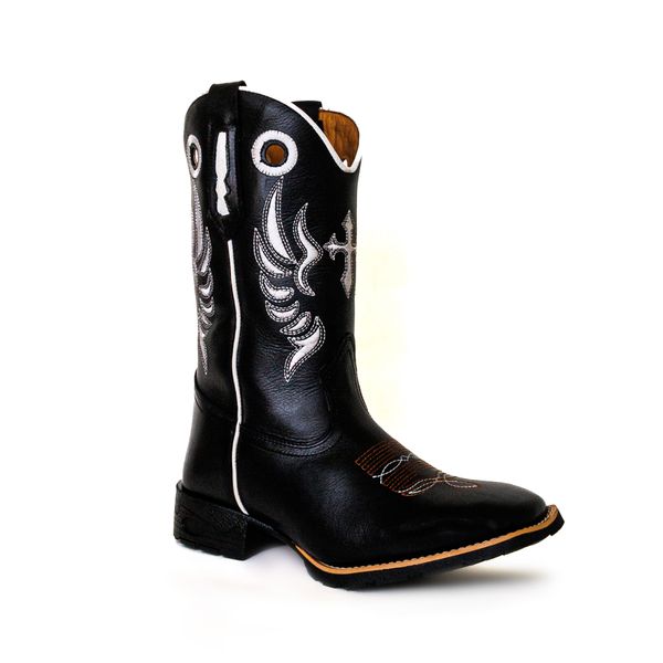Bota Texana Masculina Cano Padrão Couro Bovino Legítimo Látego Preto Bordado Cruz Solado de Borracha