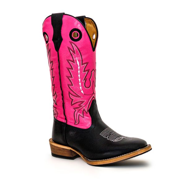 Bota Texana Masculina Couro Legítimo Látego Preto e Fly Rosa Chiclete Bordado Linha Salto Carrapeta