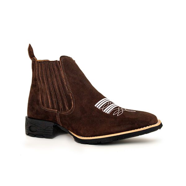 Botina Masculina Bico Quadrado Couro Bovino Legítimo Crazy Horse Café Florão Branco Copia