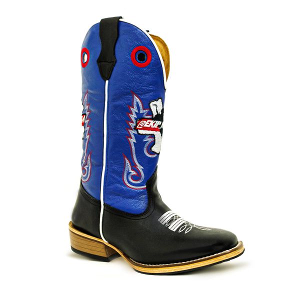 Bota Texana Masculina Couro Bovino Legítimo Látego Preto e Fly Azul Bordado Ekip Salto Carrapeta