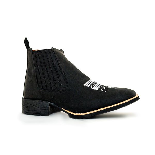 Botina Masculina Bico Quadrado Couro Bovino Legítimo Crazy Horse Preto Florão Branco 