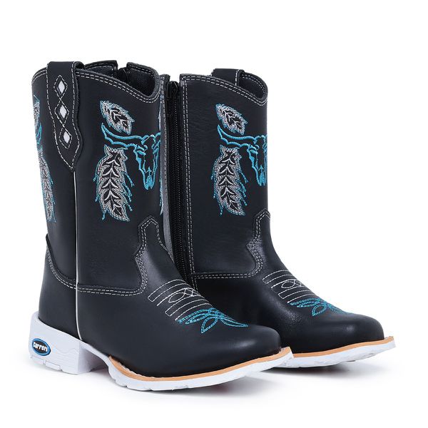 Bota Texana Country Infantil Unissex Couro Legítimo Mustang Preto Bordado Boi Azul Com Zíper Solado Branco