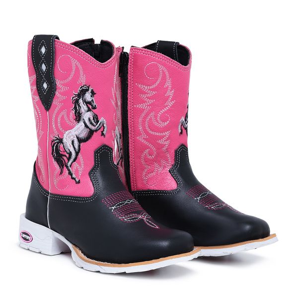 Bota Texana Country Infantil Unissex Couro Legítimo Mustang Preto e Floater Rosa Bordado Cavalo Com Zíper Solado Branco