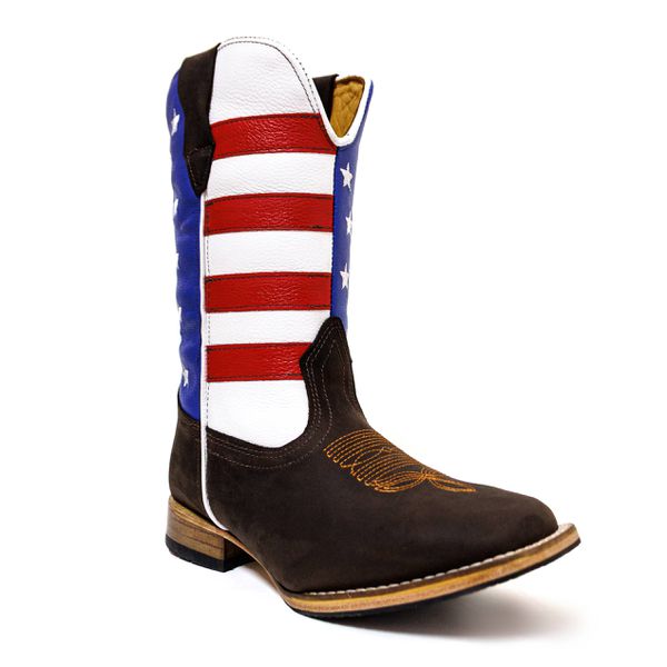 Bota Texana Masculina Cano Padrão Couro Legítimo Bovino Crazy Horse Tabaco e Cano EUA Solado Couro Reto 