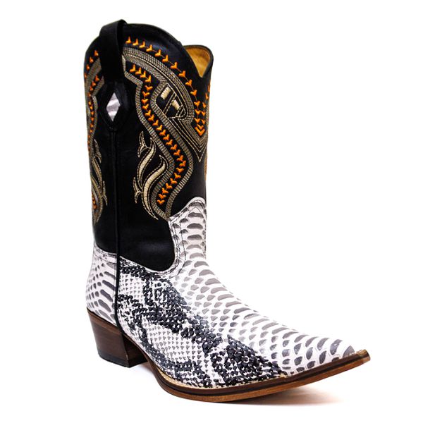 Bota Texana Masculina Bico Fino Couro Bovino Legítimo Anaconda PB e Mustang Preto Bordado Real 