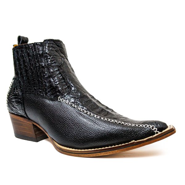 Botina EXÓTICA Country Masculina Bico Fino Couro Legítimo Exótico Jacaré Preto e Floater Preto