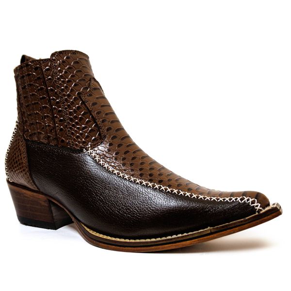 Botina Country Masculina Bico Fino Couro Bovino Legítimo Floater Preto e Anaconda Nescau