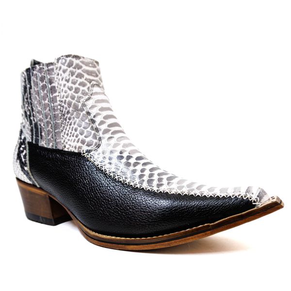 Botina Country Masculina Bico Fino Couro Bovino Legítimo Floater Preto e Anaconda Pb