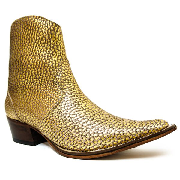 Botina Country Masculina Bico Fino Couro Legítimo Bovino Legítimo Snaker Dourado Com Zíper