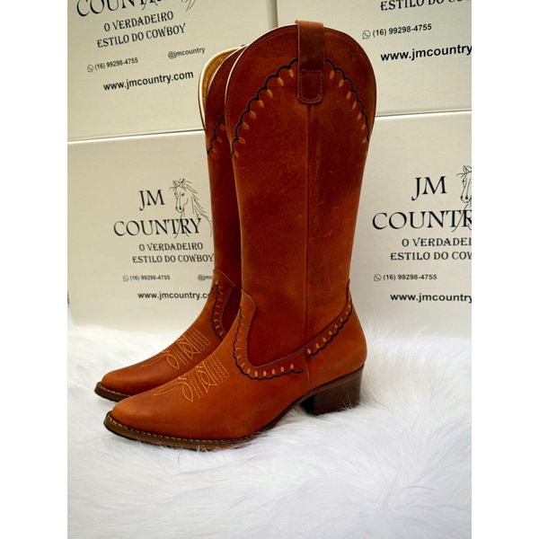 Bota Texana Feminina Country Couro Legítimo Crazy Horse Sela Bordado Correntinha