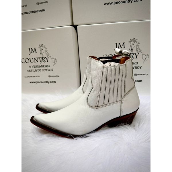 Botina Country Masculina Bico Fino Couro Bovino Floater Branco Solado Vira Inteira