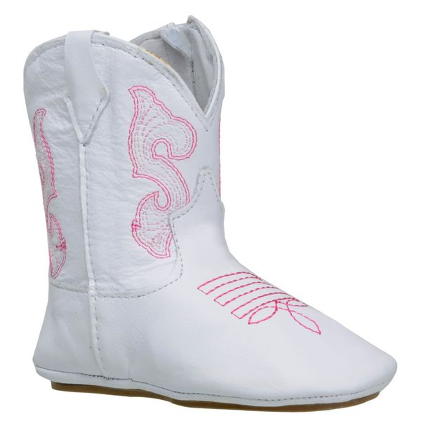 Bota Texana Baby Country Couro Branco e Bordado Rosa