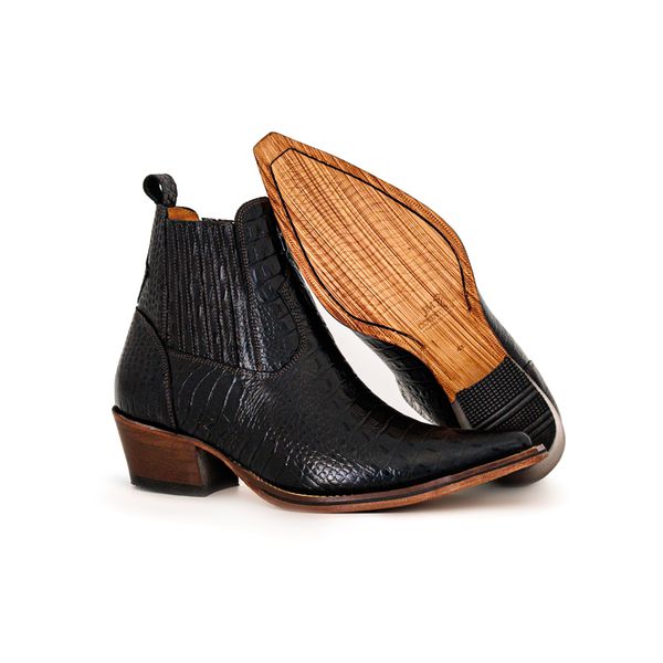 Botina Country Masculina Bico Fino Couro Bovino Legítimo Dubai Jácaré Envelhecido Preto
