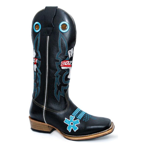 Bota Texana Masculina Bico Quadrado Couro Bovino Mustang Preto Ekip Azul Salto Carrapeta 