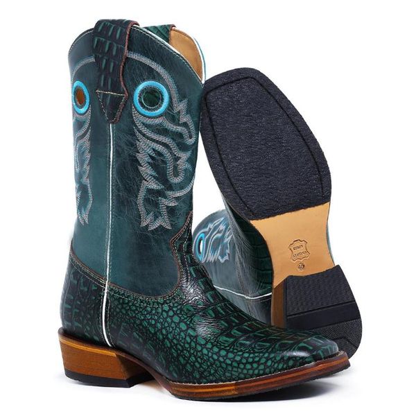 Bota Texana Masculina Bico Quadrado Couro Bovino Jacaré Envelhecido Café e Mustang Verde Salto Carrapeta