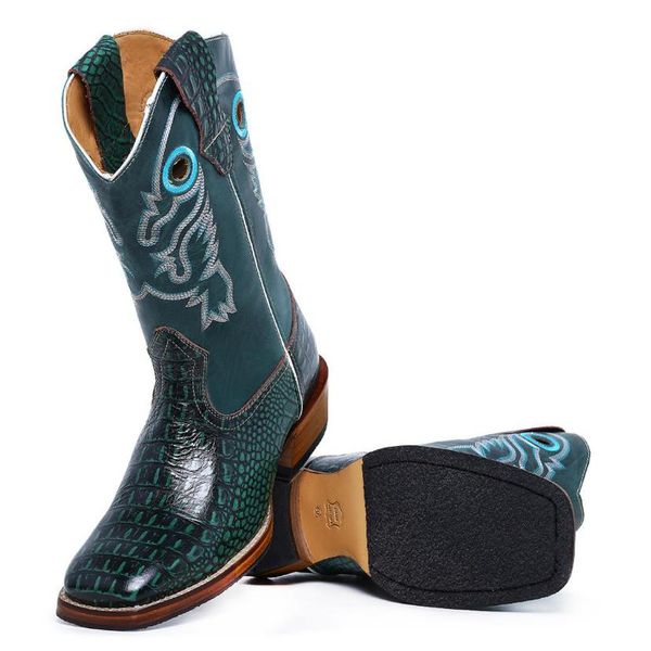 Bota Texana Masculina Bico Quadrado Couro Bovino Jacaré