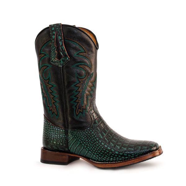 Bota Texana Masculina Bico Quadrado Couro Bovino Jacaré Envelhecido Verde e Floater Preto Com Solado Reto.
