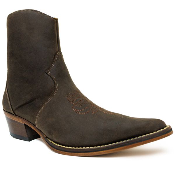 Botina Country Masculina Bico Fino Couro Bovino Legítimo Mustang Café Com Zíper Solado Vira Inteira