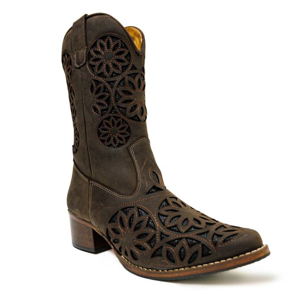 Bota Texana Feminina Cano Médio Couro Legítimo Mustang Café Bordado Laser Preto