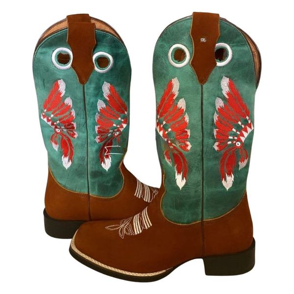 Bota Texana Masculina Cano Padrão Couro Legítimo Nobuck Terra e Fóssil Verde Solado Borracha