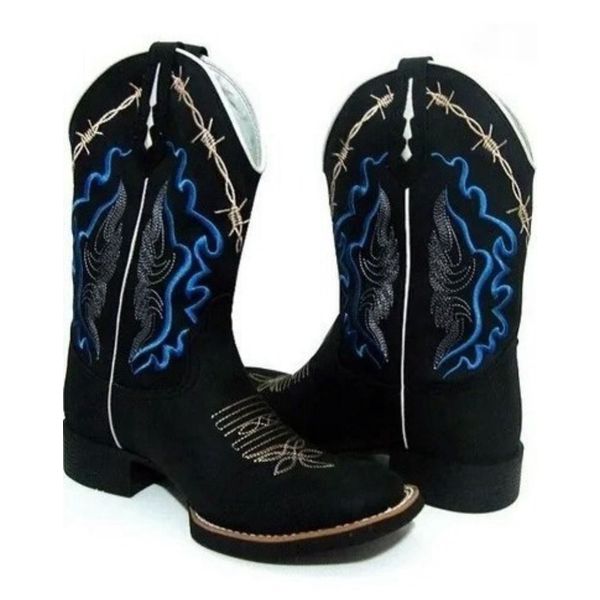 Bota Texana Masculina Cano Padrão Couro Legítimo Mustang Preto Bordado Arame Solado Borracha 