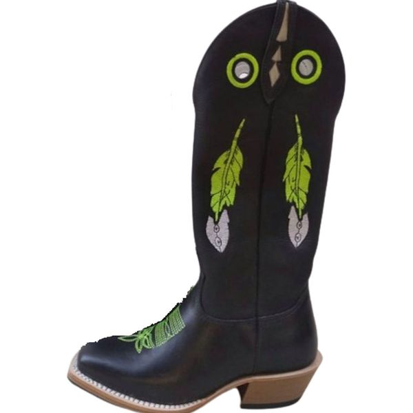 Bota Texana Masculina Couro Legítimo Látego Preto Bordado Pena Verde Salto Carrapeta 