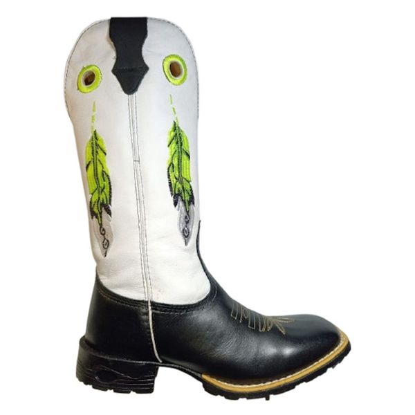 Bota Texana Masculina Cano Padrão Couro Legítimo Floater Branco e Látego Preto Bordado Pena Verde Solado Borracha
