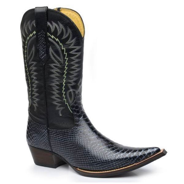 Bota Bico Fino Masculina Texana Country Couro Anaconda Preto e Floater Preto