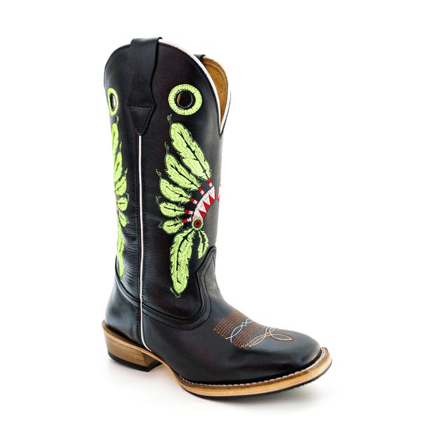 Bota Texana Masculina Couro Legítimo Bovino Látego Preto Bordado Cocar Verde Salto Carrapeta