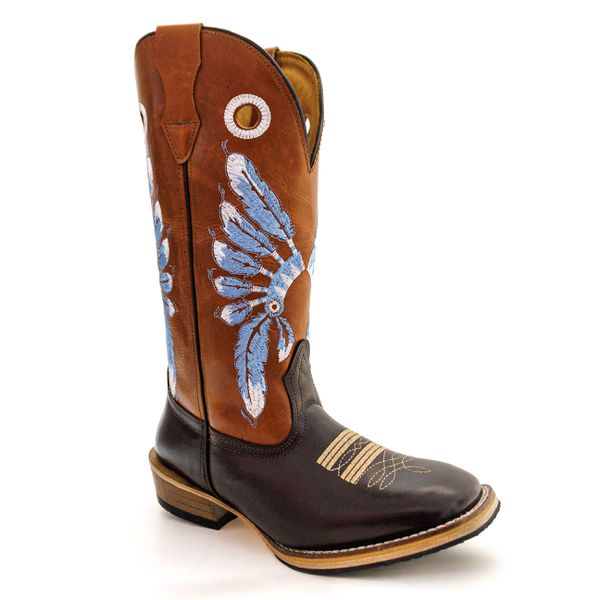 Bota Texana Masculina Bico Quadrado Couro Legítimo Crazy Horse Café e Látego Pinhão Solado Carrapeta