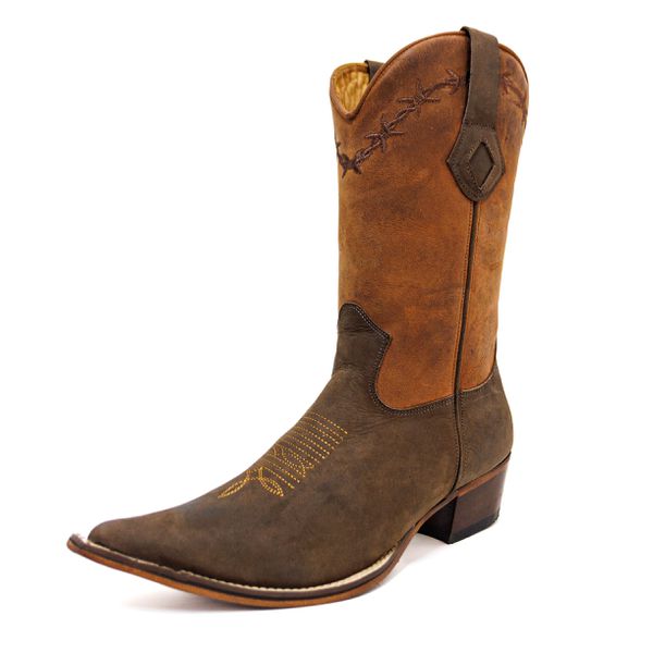 Bota Texana Masculina Bico Fino Couro Legítimo Bovino Crazy Horse Sela e Mustang Café Bordado Arame