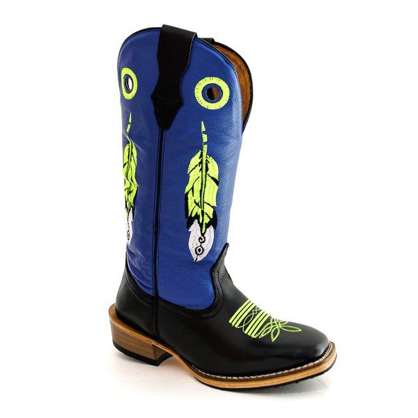 Bota Texana Masculina Couro Legítimo Bovino Látego Preto e Fly Azul Bordado Pena Salto Carrapeta