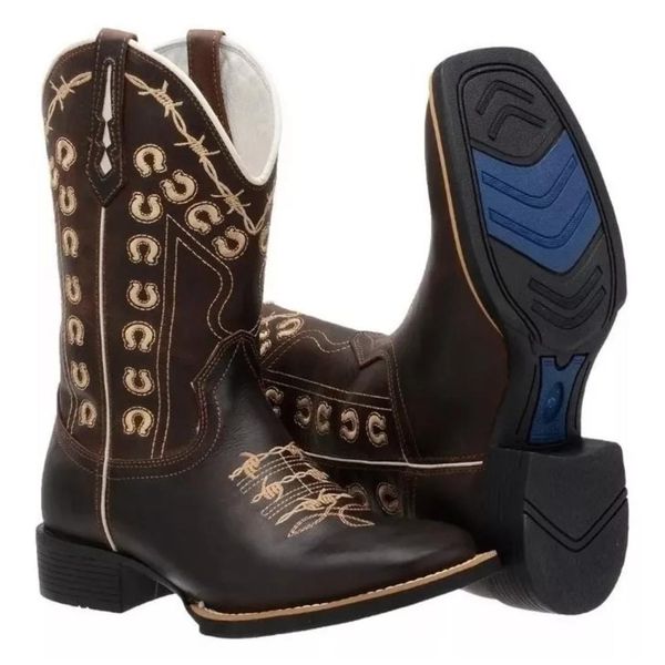 Bota Texana Country Couro Legítimo Bico Quadrado Solado de Borracha Couro Nobuck Café
