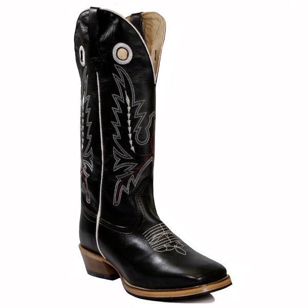 Bota Texana Couro Nobuck Preto e Mustang Preto Salto Carrapeta Cano Longo