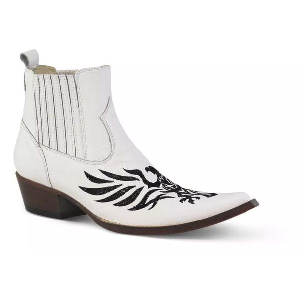 Botina Country Masculina Cano Curto Bico Fino Couro Bovino Legítimo Floater Branco Bordado Fênix