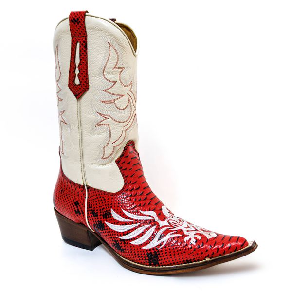 Bota Texana Masculina Bico Fino Couro Legítimo Bovino Anaconda Vermelho e Floater Marfim Fênix