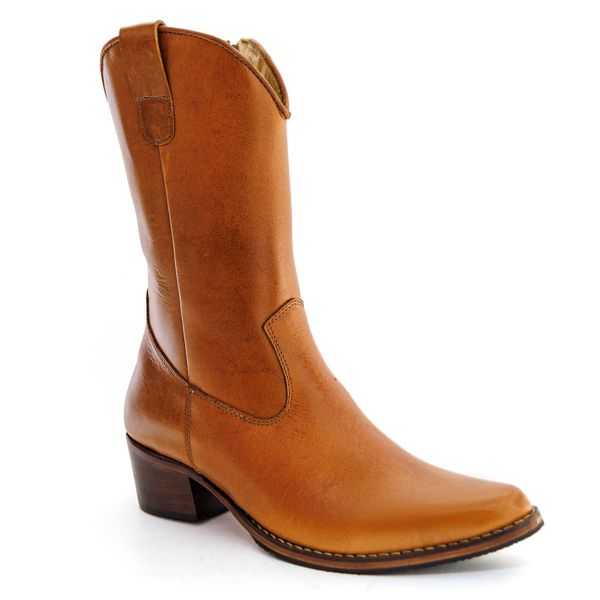Bota Texana Feminina Cano Médio Couro Bovino Legítimo Pull UP Caramelo
