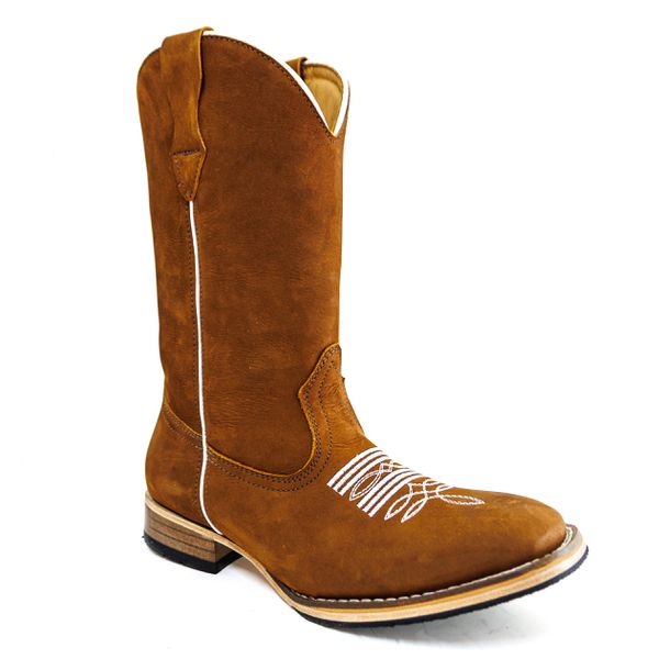 Bota Texana Masculina Cano Padrão Couro Legítimo Nobuck Batido Florão Branco Salto Reto
