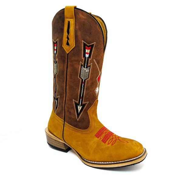 Bota Texana Masculina Couro Legítimo Bovino Nobuck Castor e Fóssil Pinhão Bordado Flecha Salto Carrapeta