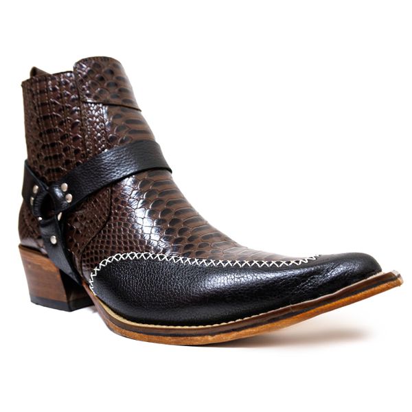 Botina Country Masculina Bico Fino Couro Bovino Legítimo Anaconda Nescau e Floater Preto com Estrivo 