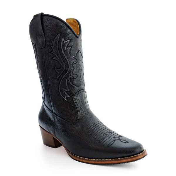 Bota Texana Cano Médio Feminina Country Couro Legítimo Bovino Floater Preto Bordado Raio