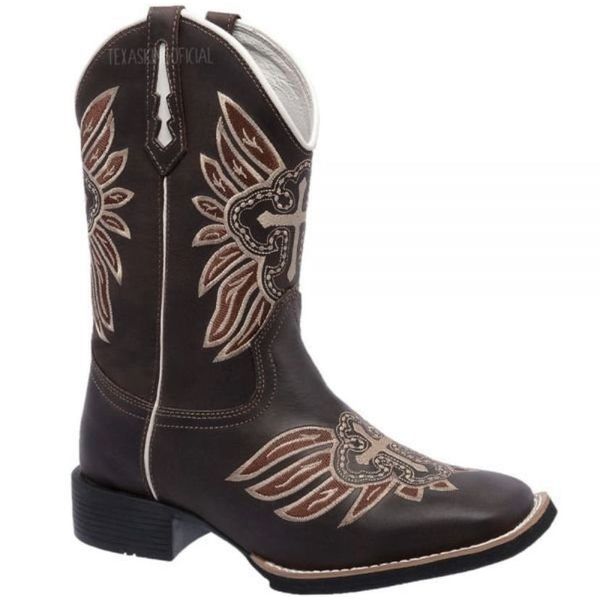 Bota Texana Country Feminina Bico Quadrado Couro Bovino Legítimo Mustang Café e Floater Café Bordado Cruz