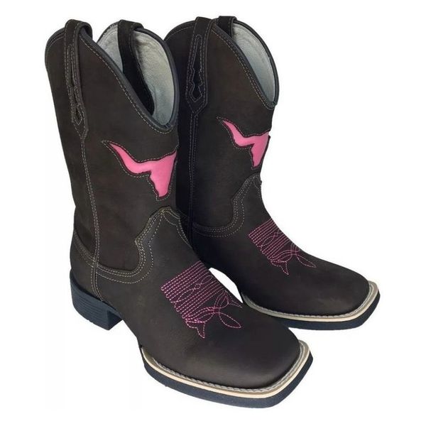 Bota Texana Country Feminina Bico Quadrado Couro Bovino Legítimo Mustang Café Corte Laser Boi