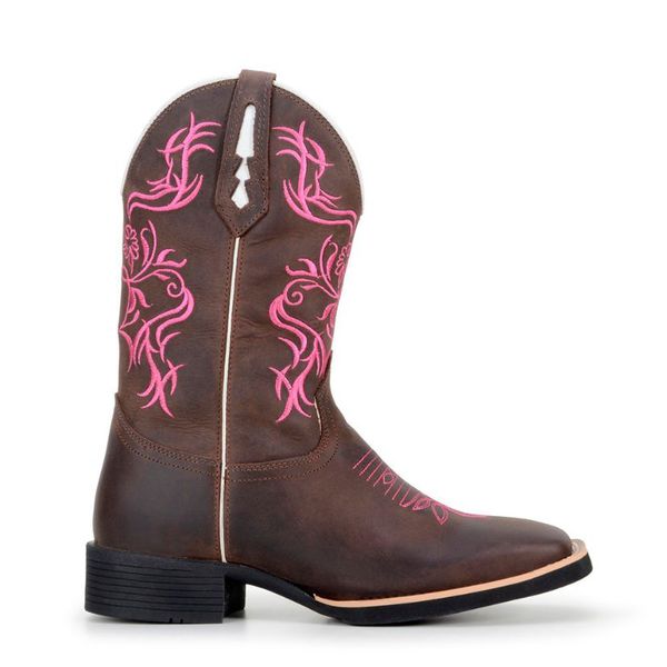 Bota Texana Country Feminina Bico Quadrado Couro Bovino Legítimo Mustang Café Bordado Floral Rosa