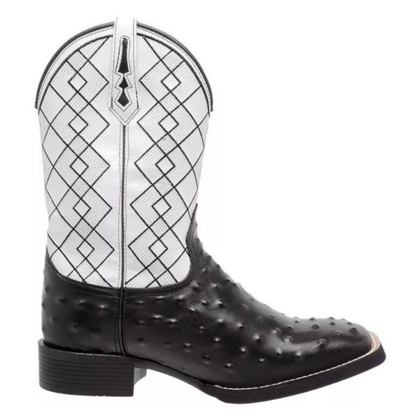 Bota Texana Masculina Cano Padrão Couro Legítimo Avestruz Preto e Floater Branco Bordado Geométrico Solado Borracha 
