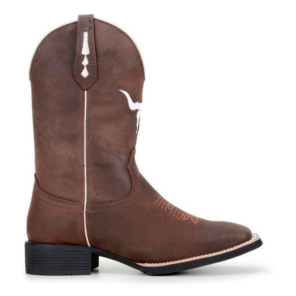 Bota Texana Masculina Cano Padrão Couro Bovino Legítimo Mustang Café Corte Laser Boi Branco