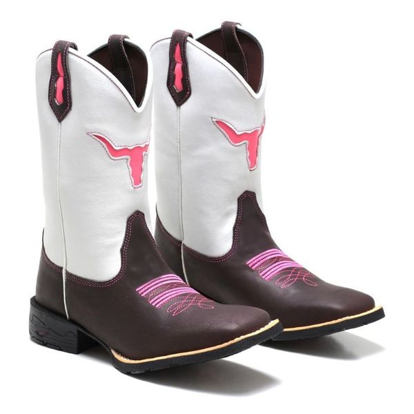 Bota Texana Country Feminina Bico Quadrado Couro Bovino Legítimo Mustang Café E Floater Branco Corte Laser Rosa Fly