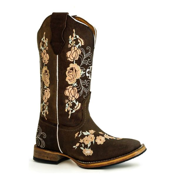 Bota Texana Country Feminina Bico Quadrado Couro Bovino Legítimo Mustang Café Bordado Floral
