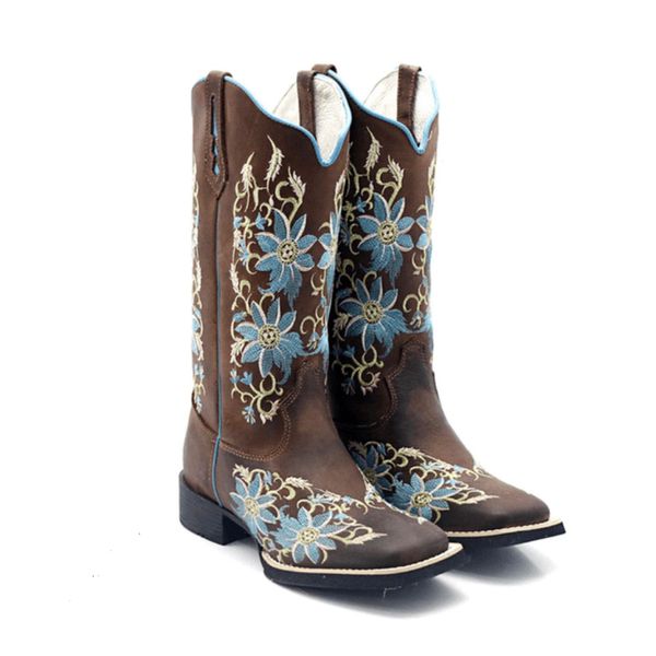 Bota Texana Country Feminina Bico Quadrado Couro Bovino Legítimo Mustang Café Bordado Floral Azul