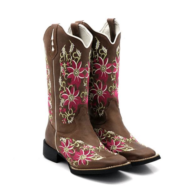 Bota Texana Country Feminina Bico Quadrado Couro Bovino Legítimo Mustang Café Bordado Floral Rosa